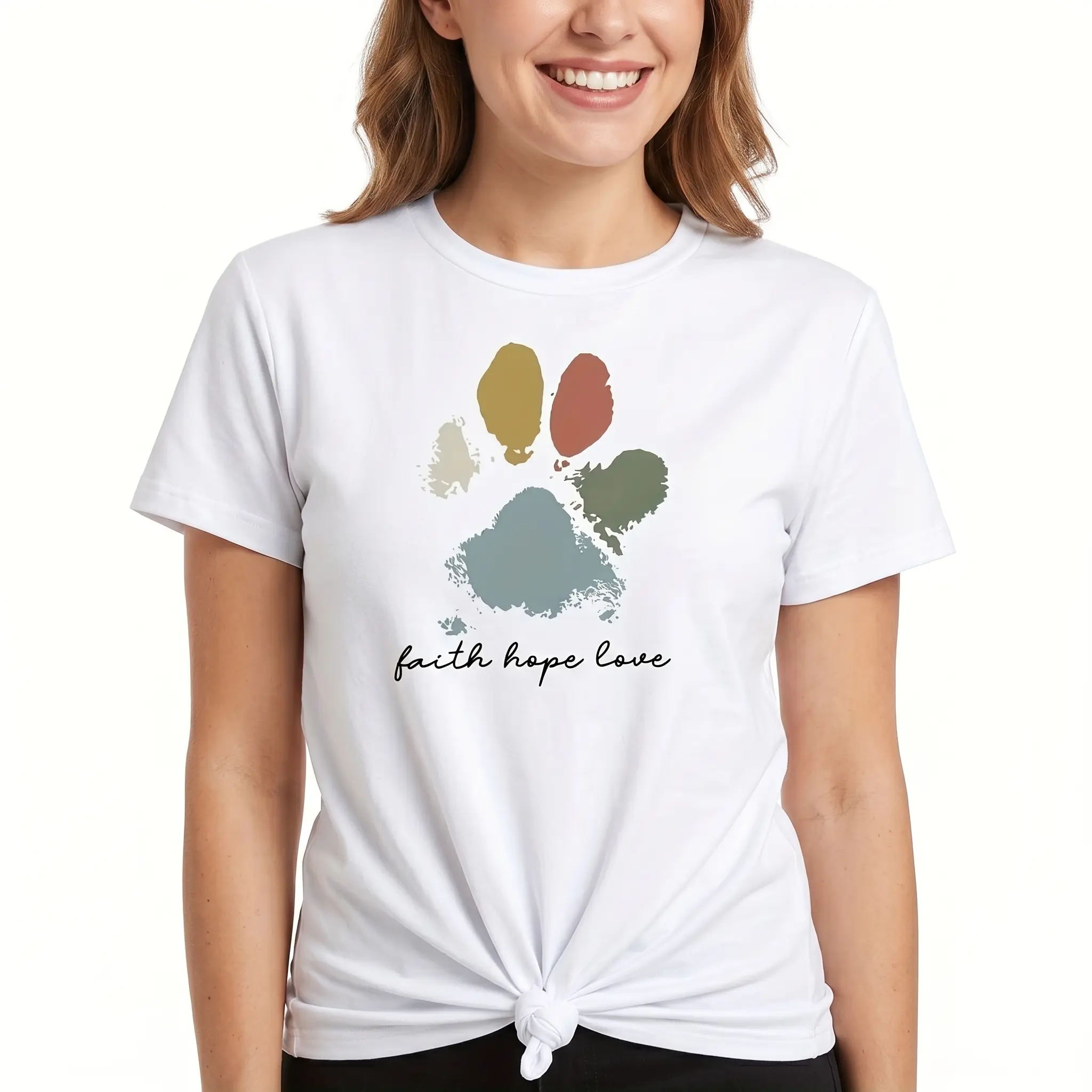 Women's Paw Print Cotton Crew Neck Tee - Casual 100% Soft Breathable Knit Short Sleeve Basics Top, Elegant Everyday Fits, All Seasons Wear