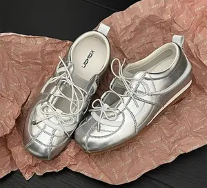 Women’s lace-up ballet sneakers, retro silver casual shoes, comfortable everyday footwear 2026