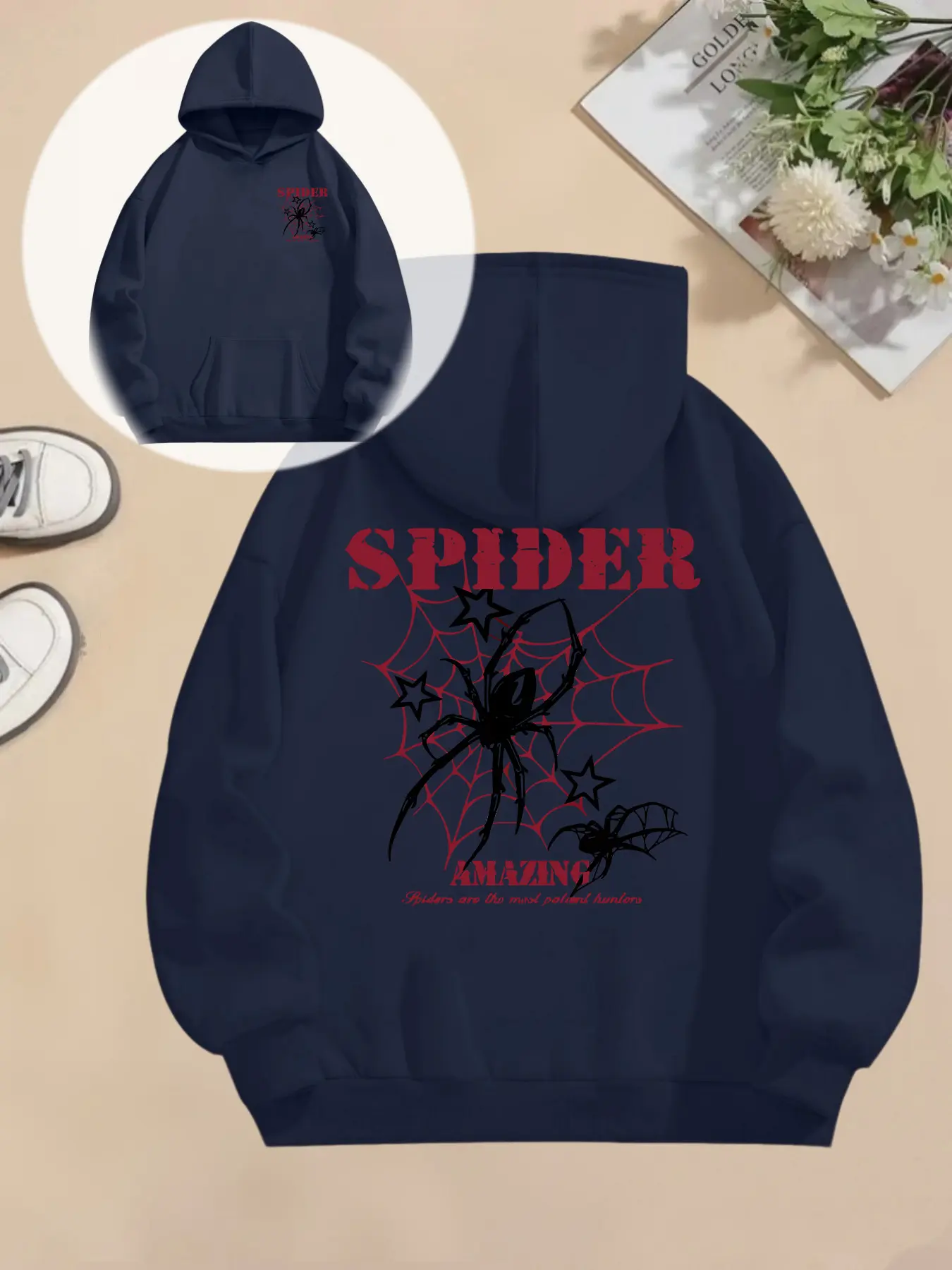 Women's Hooded Sweatshirt, Spider Web Print, Vintage Style, Fall & Winter Casual Wear, Fitted Design, Perfect for Daily