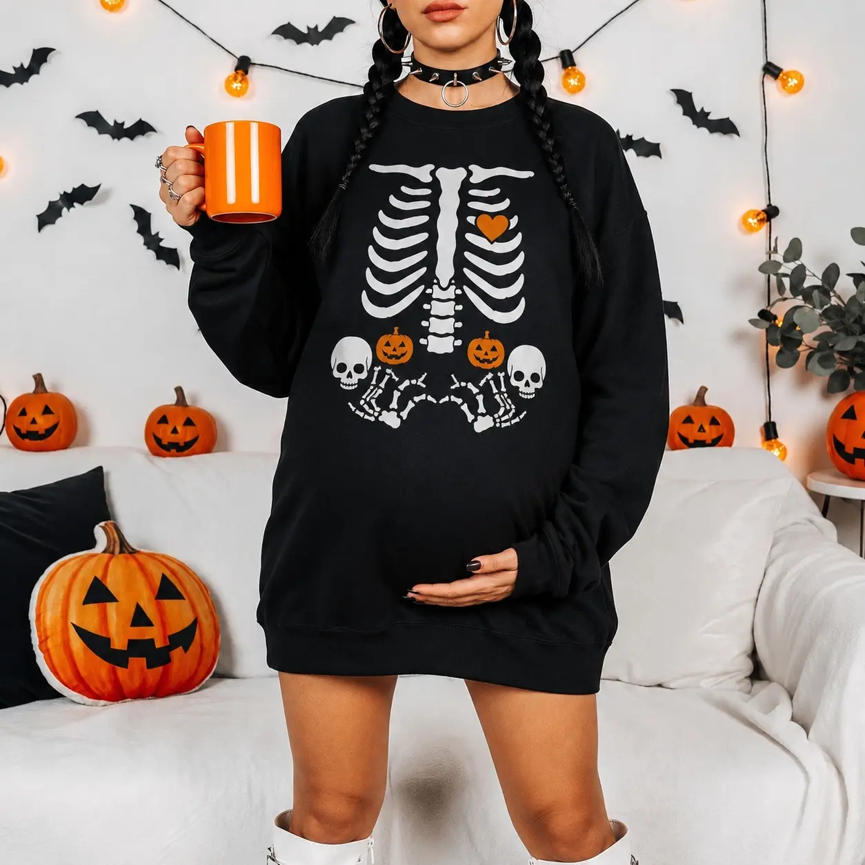 Halloween Maternity Skeleton Sweatshirt, Twin Baby Skeleton Pregnancy Crewneck, Funny Pregnant Halloween Shirt, Pumpkin Baby Bump Sweatshirt, Spooky Mom Gift