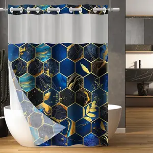 No Hook Shower Curtain with Snap in Liner Set, Modern Geometric Blue Marble Honeycomb Design, See Through Mesh Top Window, 71x74 Inches