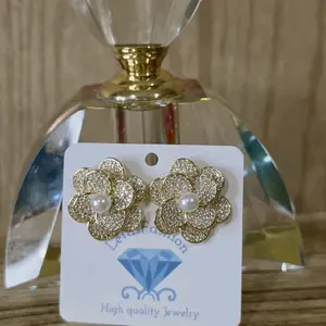 Luxury Gold Plated Flower Pearl Stud Earrings with Micro CZ Sparkle