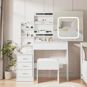 Vanity Desk with Sliding Mirror and Lights, Makeup Vanity Set with Power Outlet, 4 Drawers, Stool, Open Shelves, 3 Color Lighting Modes, Brightness Adjustable, Makeup Dressing Table for Bedroom, White