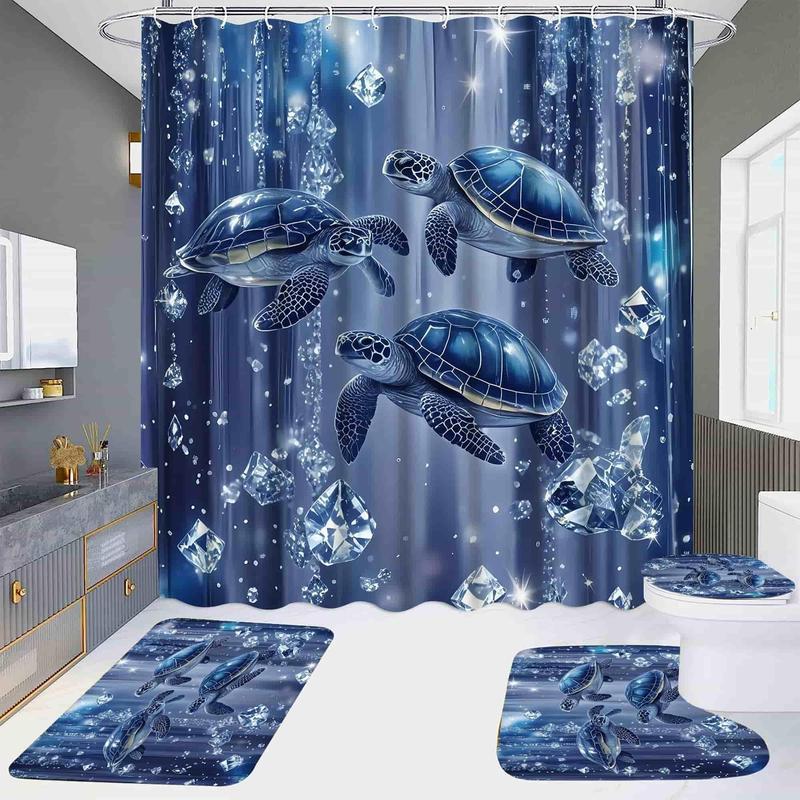 1/4pcs Sparkling Diamond And Turtle Pattern Shower Curtain Set with 12 Hooks Includes Non-Slip Bathroom Mat Toilet U-Shaped Pad Toilet Seat Cover Bathroom Decor And Bathtub Divider Perfect for Housewarming & Christmas Gifts