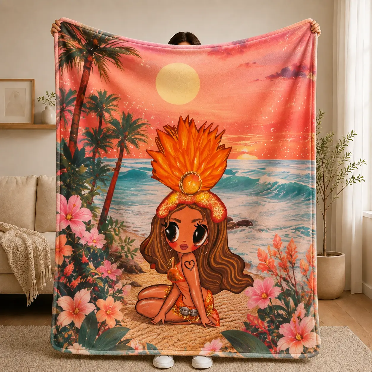 Tropical Beach Girl Blanket, Sunset Ocean Throw Blanket, Hawaiian Floral Plush Blanket, Palm Tree Beach Decor, Summer Gift for Her