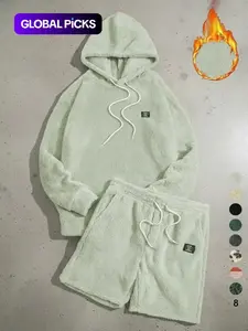 Two-piece Set Men's Letter Patch Drop Shoulder Knit Hoodie & Drawstring Waist Shorts Set, Casual Fashion Cozy Regular Fit Outfits, Daily/Outdoor Wear, Men's Clothes for Fall & Winter