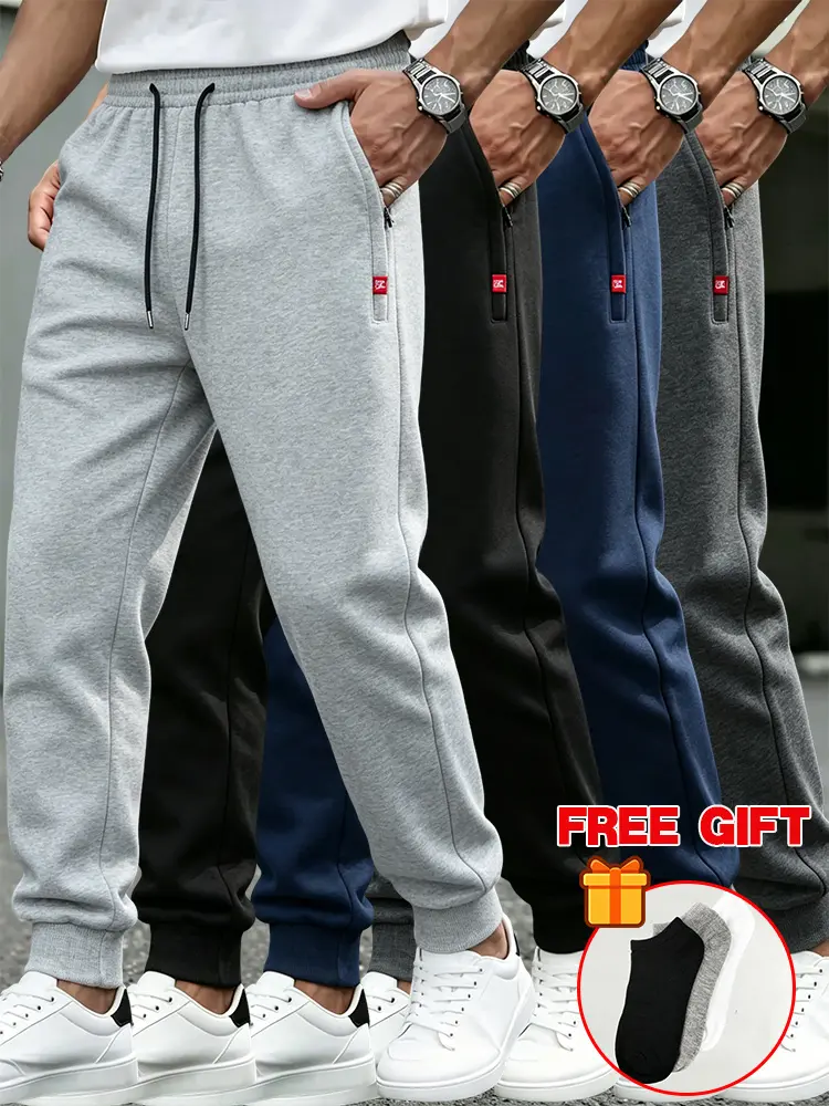 4pcs men’s all-season lightweight fleece jogger casual pants with adjustable drawstring and side pocket design, suitable for wearing at the gym, running, training, and everyday occasions.