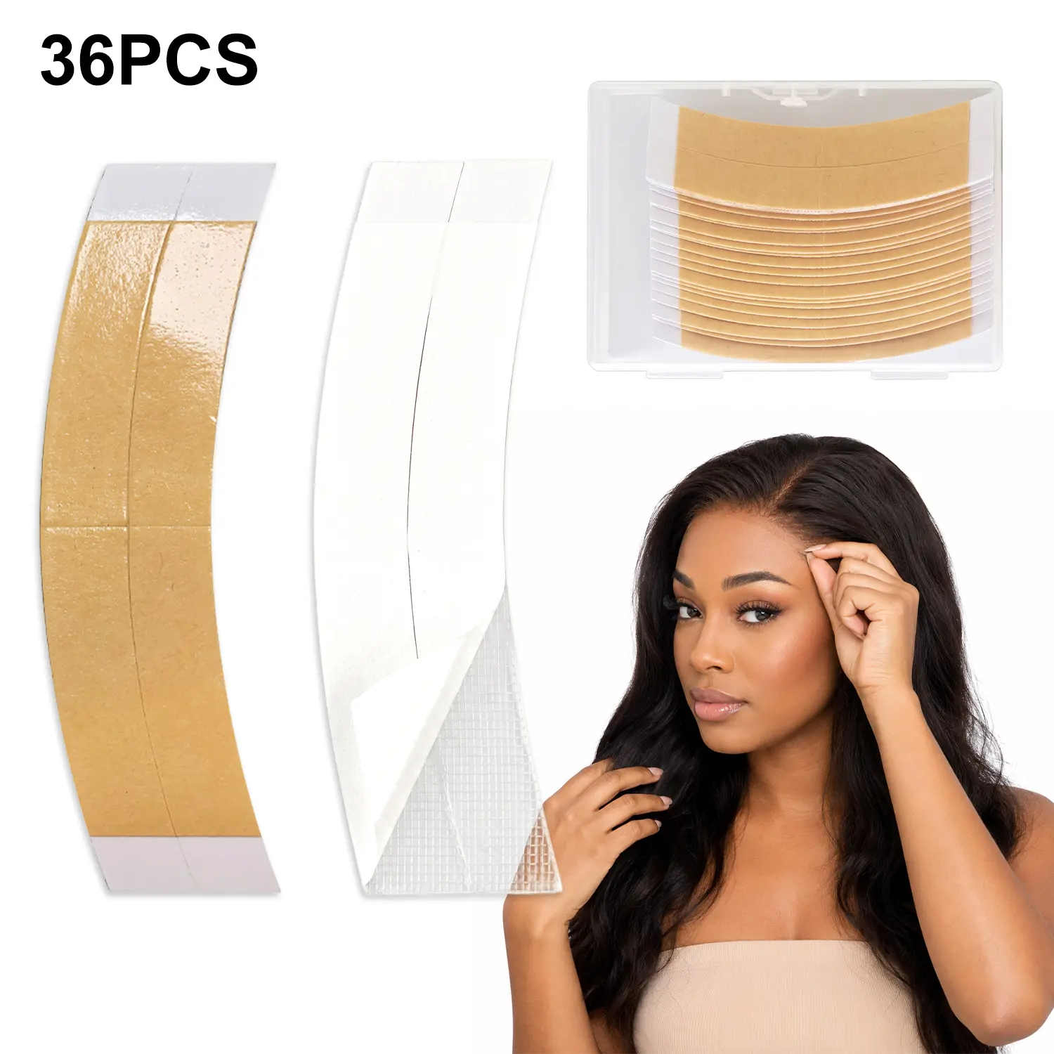 36Pcs Wig Tape,German Brown Liner Cloth Tape Shape C Double Side Adhesive for Lace Wigs, Toupees & Hairpiece, Wig Install Kit, Sweat-Resistant & Easy to Apply & Remove