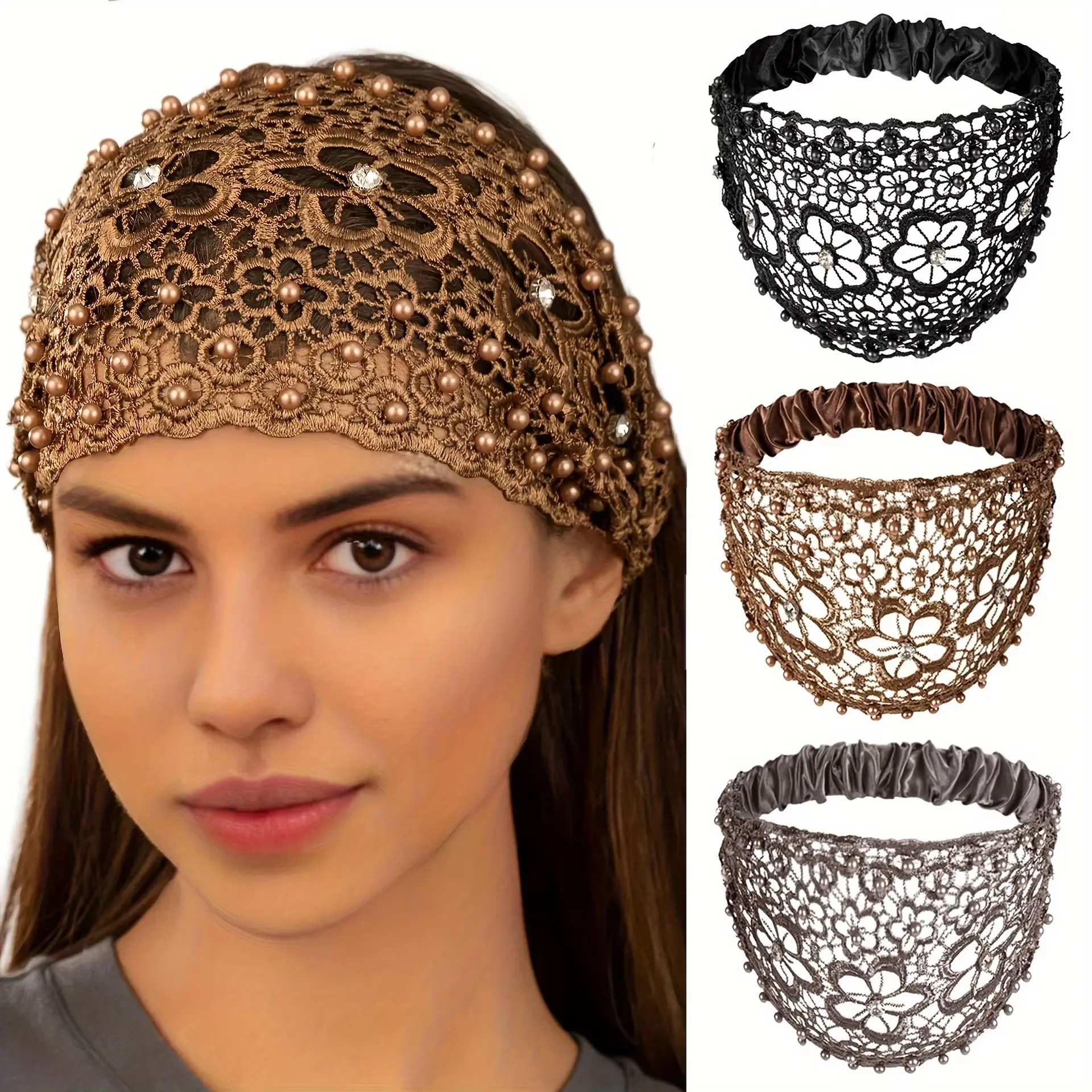 Elegant Floral Lace Beaded Diamond Headband - Polyester Hollow Elastic-Band Hair Accessory Set for Bridal Weddings (Party Hats, Masks & Accessories)