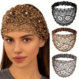 Elegant Floral Lace Bead Headband - Polyester Hollow Headband with Elastic Band - Dress Up Hair Accessory Set - Pattern Solid Co Bridal Wedding Beaded Jewelry Diamond