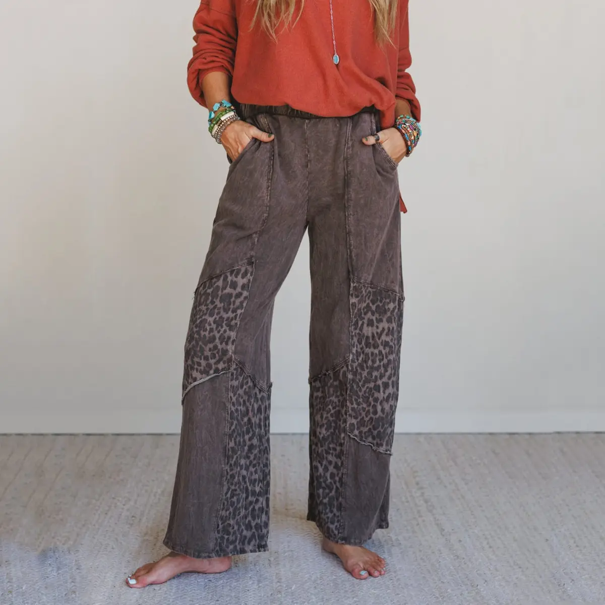 Women's Streetwear Mineral Wash Jogger Pants with Leopard Patchwork, Loose-Fit Casual Bottoms for Everyday Style, Bottom