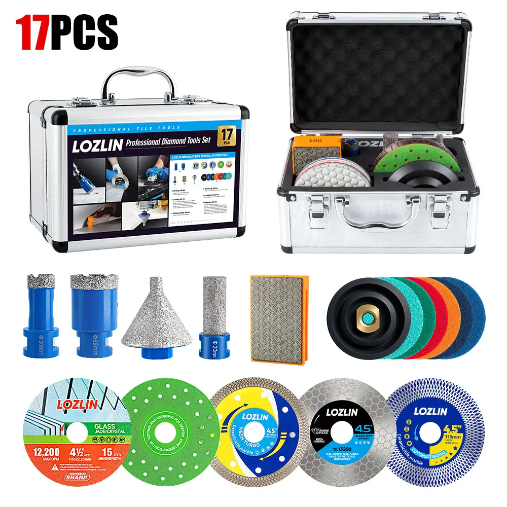 LOZLIN 17PCS Diamond Tool Kit for Tile, Includes Diamond Drill Bits, Saw Blades, Polishing Pads,Hand Pad, Chamfer Drill & Milling Bits, Cut & Grind Porcelain, Glass, Marble, Quartz and Ceramic