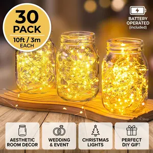 30 Pack LED Fairy Lights Battery Operated (10ft/3m), Warm White Silver Wire String Lights, Waterproof Twinkle Firefly Lights for DIY Mason Jars, Wedding, Party, Bedroom Decor, Christmas Gift