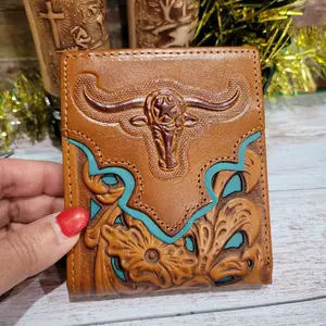 Men's Wallet Longhorn Western style genuine leather short bi-fold lasercut wallet tan and teal.