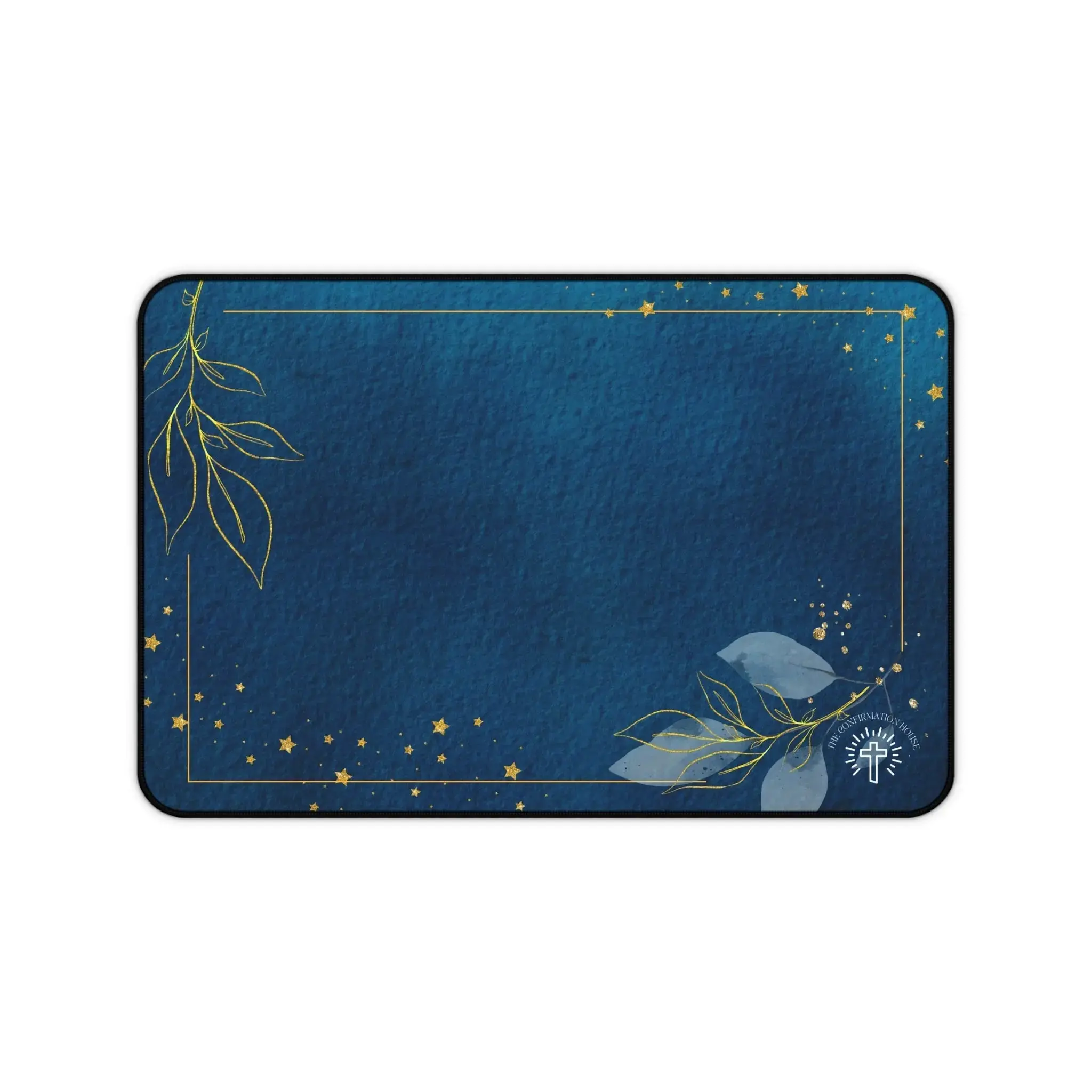 Blue Gold Floral Desk Mat — Elegant Midnight Office Mouse Pad