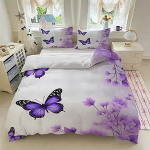 3pcs Purple butterflies floral lavender light background bedding set (1*Duvet Cover + 2*Pillowcase, Without Core)+Soft comfortable and breathable Suitable for bedroom guest room hotel dormitory rooms
