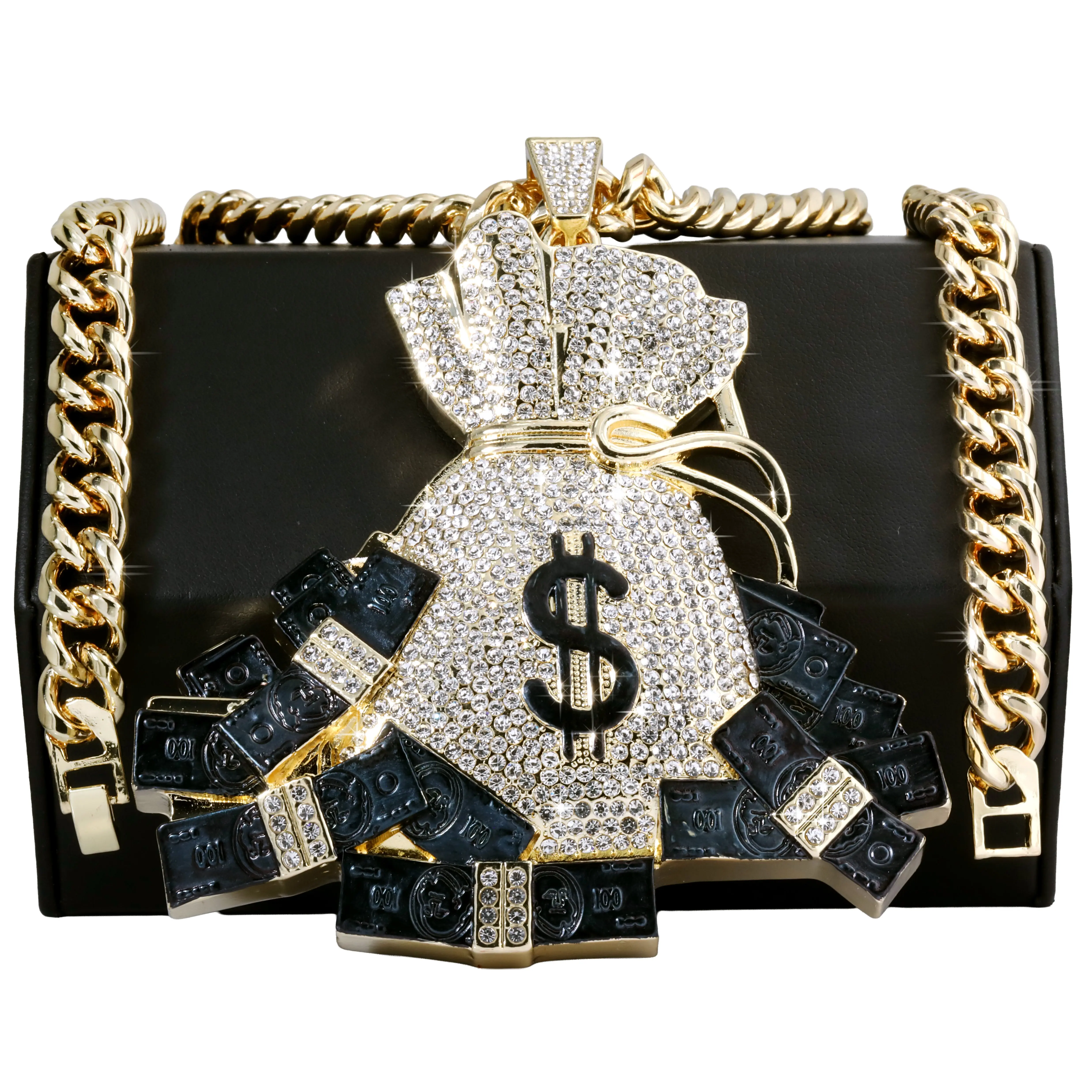 Huge XL - Cash Bag Money Sign Fully Iced | Curb Cuban Necklace Gold Plated