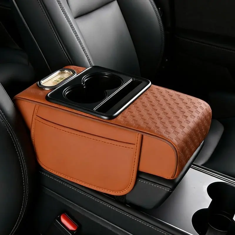 Car Center Console Armrest Pillow, 2 Side Storage Bag Cup &Phone Holder, Auto Armrest, Universal Fit ,Memory FoamLeather 4 in 1 Vehicle Arm Rest Cover with Tissue Box, console storage box pillow cushion, Car Storage Organizers, Car Organizer For Console