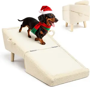 Dog Stairs for Small Dogs and Cats – 2-in-1 Dog Ramp for Couch and Low Bed, 16.5'' Foldable Wooden Pet Ramp, Sturdy Multi-Use Split Ottoman Design, Beige