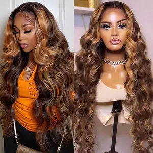 Highlight Ombre Lace Front Wig Human Hair 180 Density Body Wave 13x4 HD Lace Front Wigs Human Hair Pre Plucked Glueless Human Hair Wig Honey Blonde Lace Frontal Wig For Women 4/27 Colored Human Hair Wig