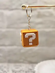Pixel Prize Cube KEYRING - 3D Printed Super Mario Mystery Block Keychain with Iconic Yellow Cube and White Question Marks for Keys Backpacks or Desk