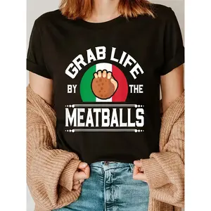 Women's Funny Italian Meatball Graphic T-Shirt - Casual Tee with "Grab Life by the Meatballs" Print, Short Sleeve, Round Neck, Black with Green & Red Flag Design, Casual Wear | Vintage Graphic Tee | Durable Knitwear technoblade merch