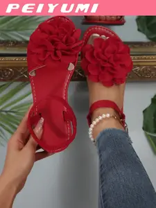 Brand new plus size women's comfortable simple round toe bow decoration Bowknot design sandals metal beaded flat Rubber sandals, casual fashion outdoor beach vacation summer shoes Casual summer footwear Open toe sandal