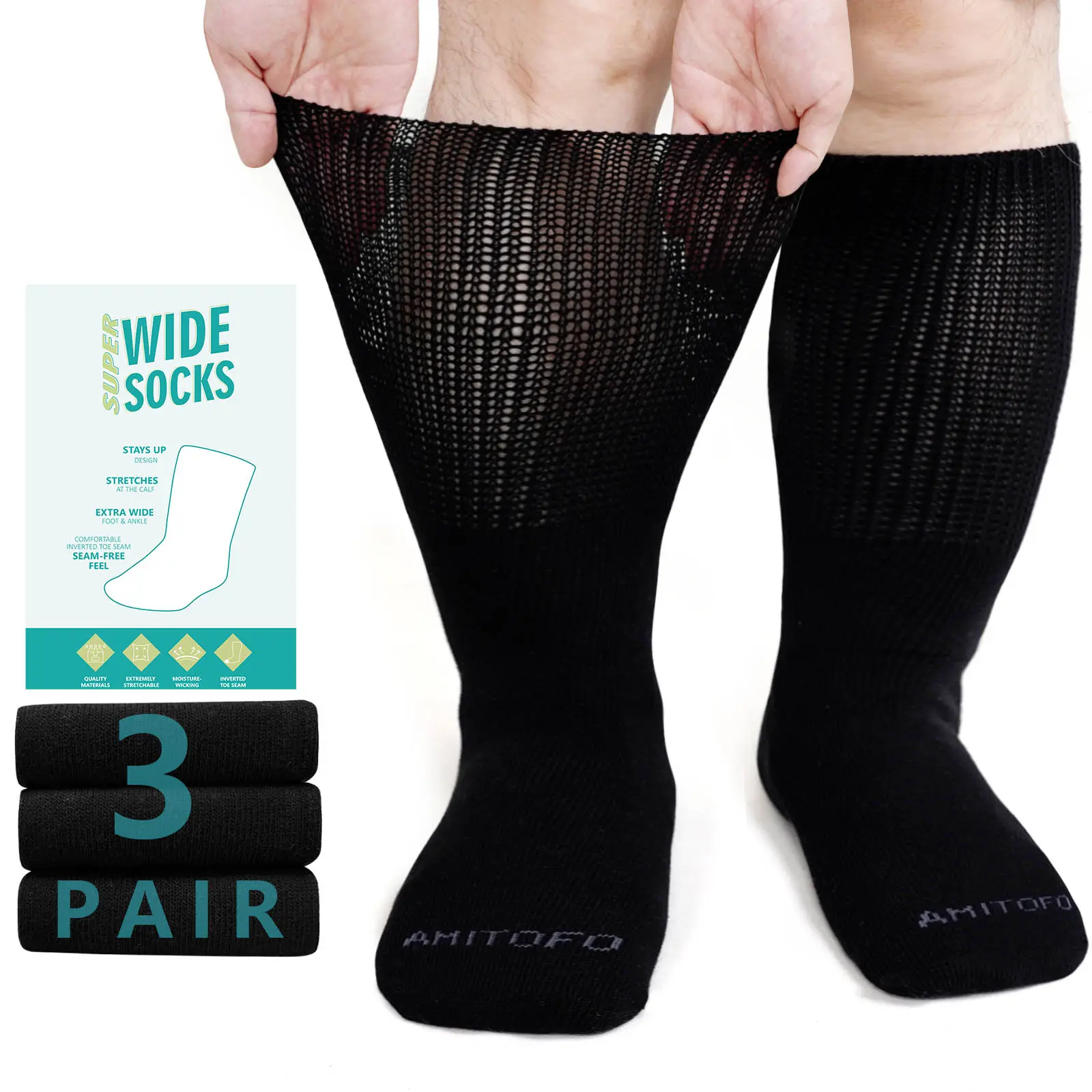 ARTFASION Women's Extra Wide Cotton Diabetic Crew Ankle Socks - Non-Binding Loose Fit, Seamless Toe, Breathable - for Neuropathy Relief, Swollen Ft, Lymphedema, Cast, Hospital Use (3 Pairs), Light, Bariatric, Breathable Mesh, Cotton Blend