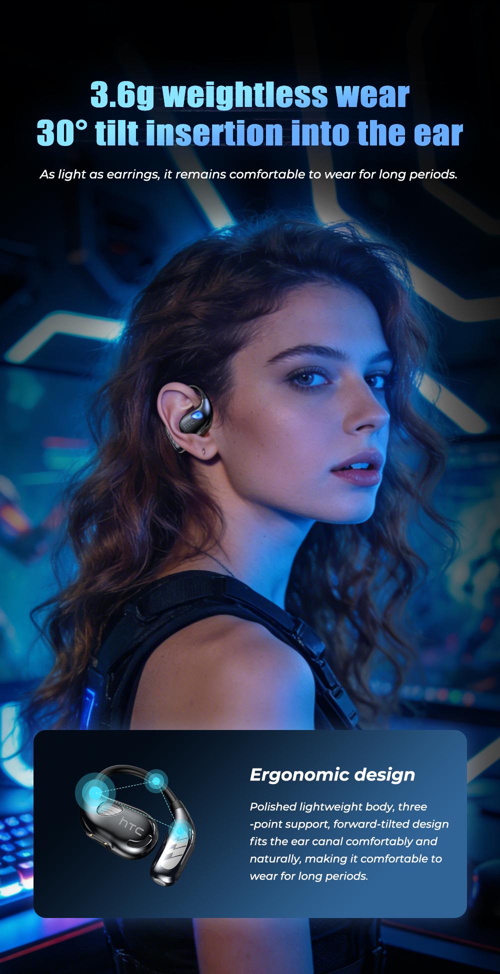 HTC NE69 Wireless Bluetooth Earbuds, Bluetooth 6.0, OWS Earphones , Sports Headphones, Built-in Microphone, Compatible with Android/IOS