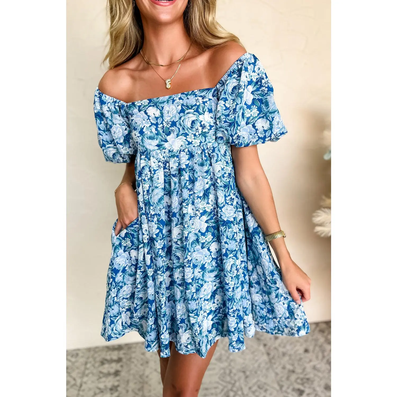 Blue Floral Baby Doll Mini Dress with Puffed Sleeves