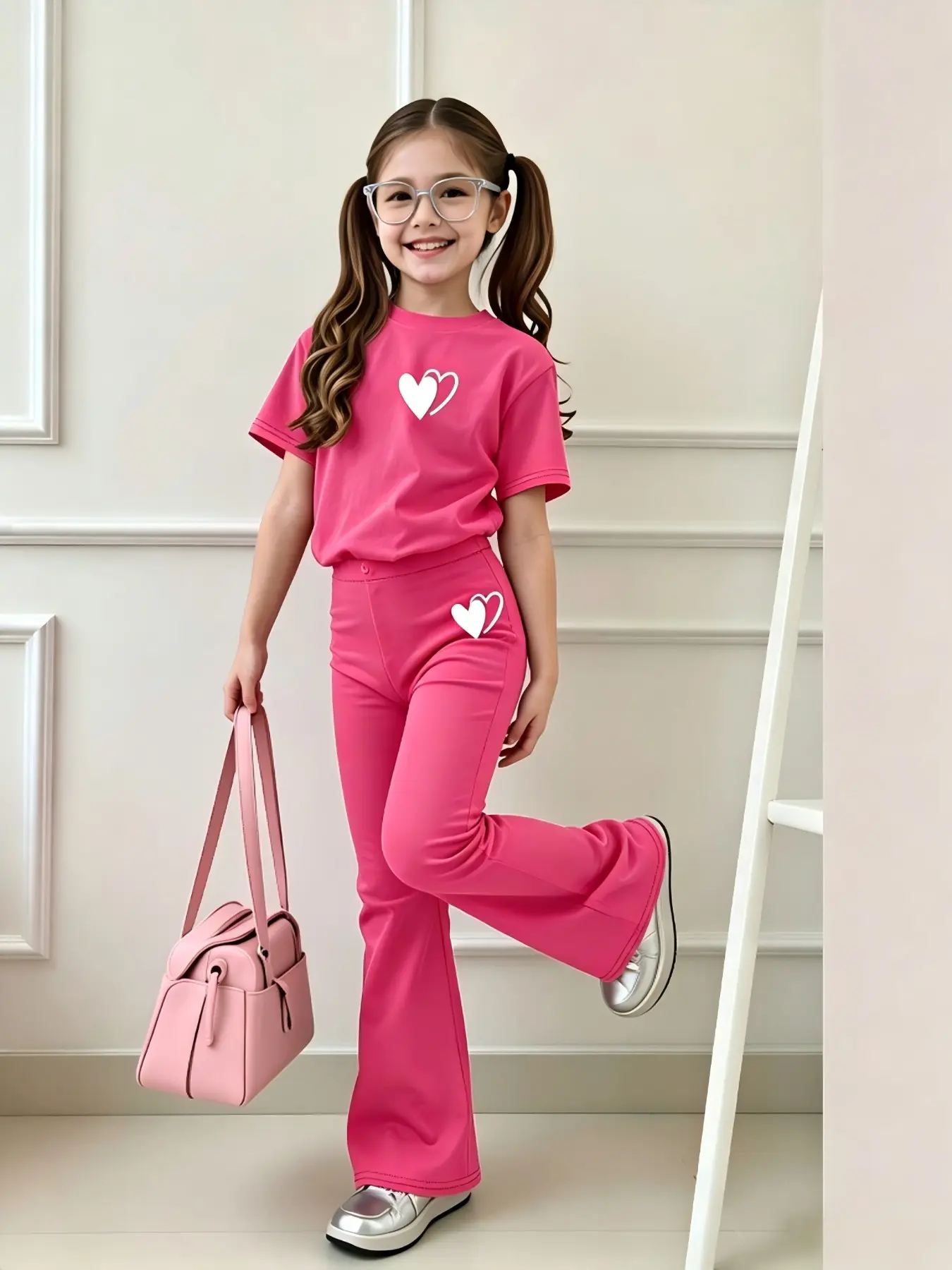 2-Piece Set for Girls Ages 8-12, Heart Short Sleeve T-Shirt and Bell Pants, Cute Cartoon Style, Ideal for Spring and Summer Outdoor Activities