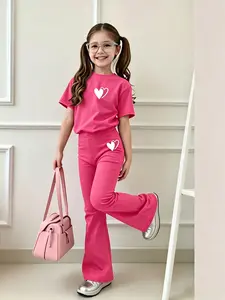 2-Piece Set for Girls Ages 8-12, Heart Short Sleeve T-Shirt and Bell Pants, Cute Cartoon Style, Ideal for Spring and Summer Outdoor Activities