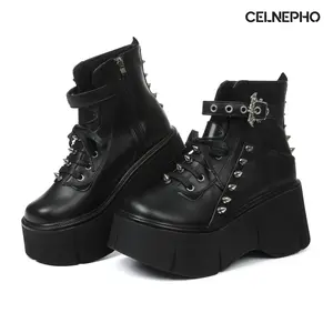 CELNEPHO Ankle Boots for Women Round Toe Chunky Platform Wedge Heel Adjustable Ankle Strap Platform Booties Side Zipper Closure Metal Revet Design Comfy Punk Boots Concert Party Outdoor Event Dress Shoes