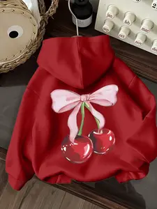 Women's Sweet Cherry Print Hoodie, Red Pullover with Back Bow Tie Fruit Graphic and Front Pocket for Kawaii Streetwear, Casual Outing and Cute Gift Idea