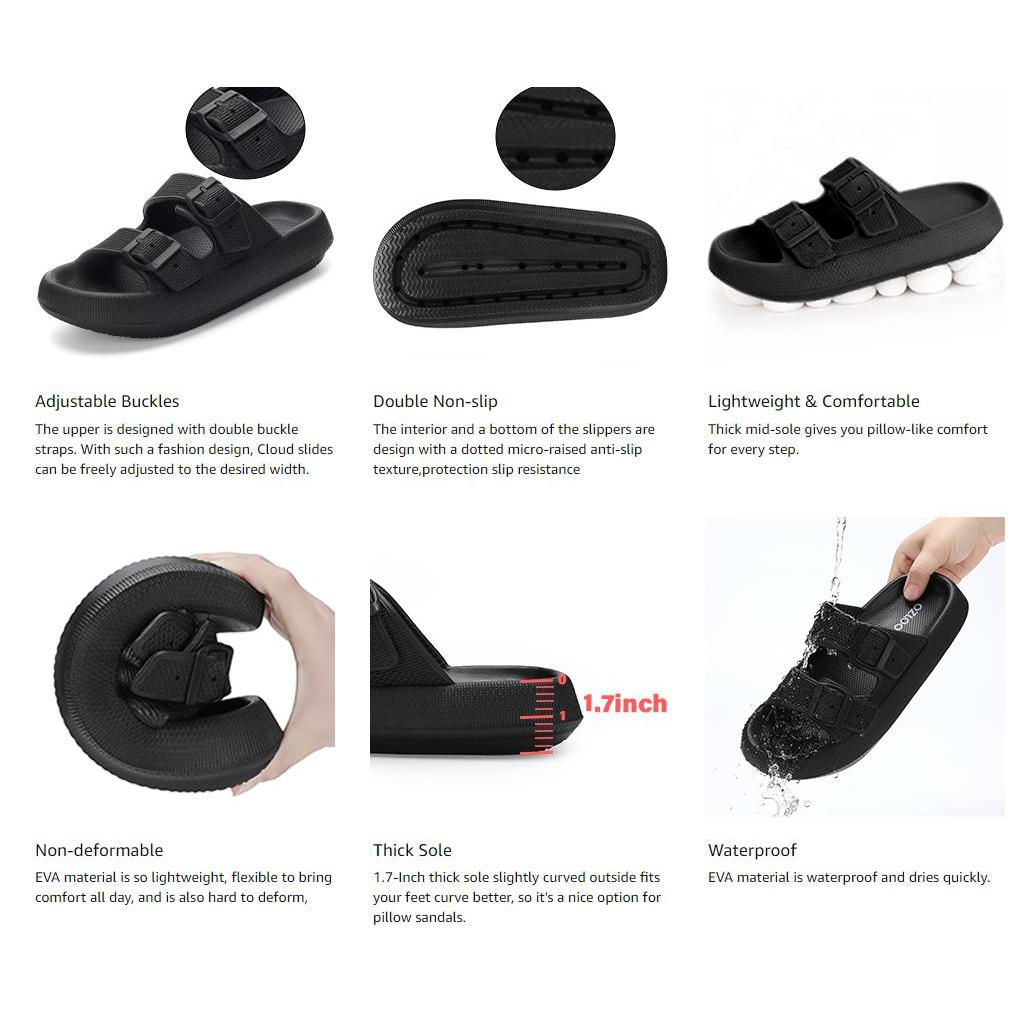 Men's/Women's Adjustable Double Buckle Cloud Slides, Thick Sole Cushioned EVA Sandals, Non-Slip, Lightweight, Quick Drying Open Toe House Slippers for Indoor, Bathroom, Shower, Pool, Beach, Outdoor, All Seasons