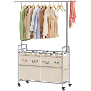 Laundry Hamper with Hanging Rack, Laundry Sorter 4 Sections, 4 Basket Butler with Lockable Wheels and Removable Bag, Rolling Laundry Cart for Bedroom, Beige