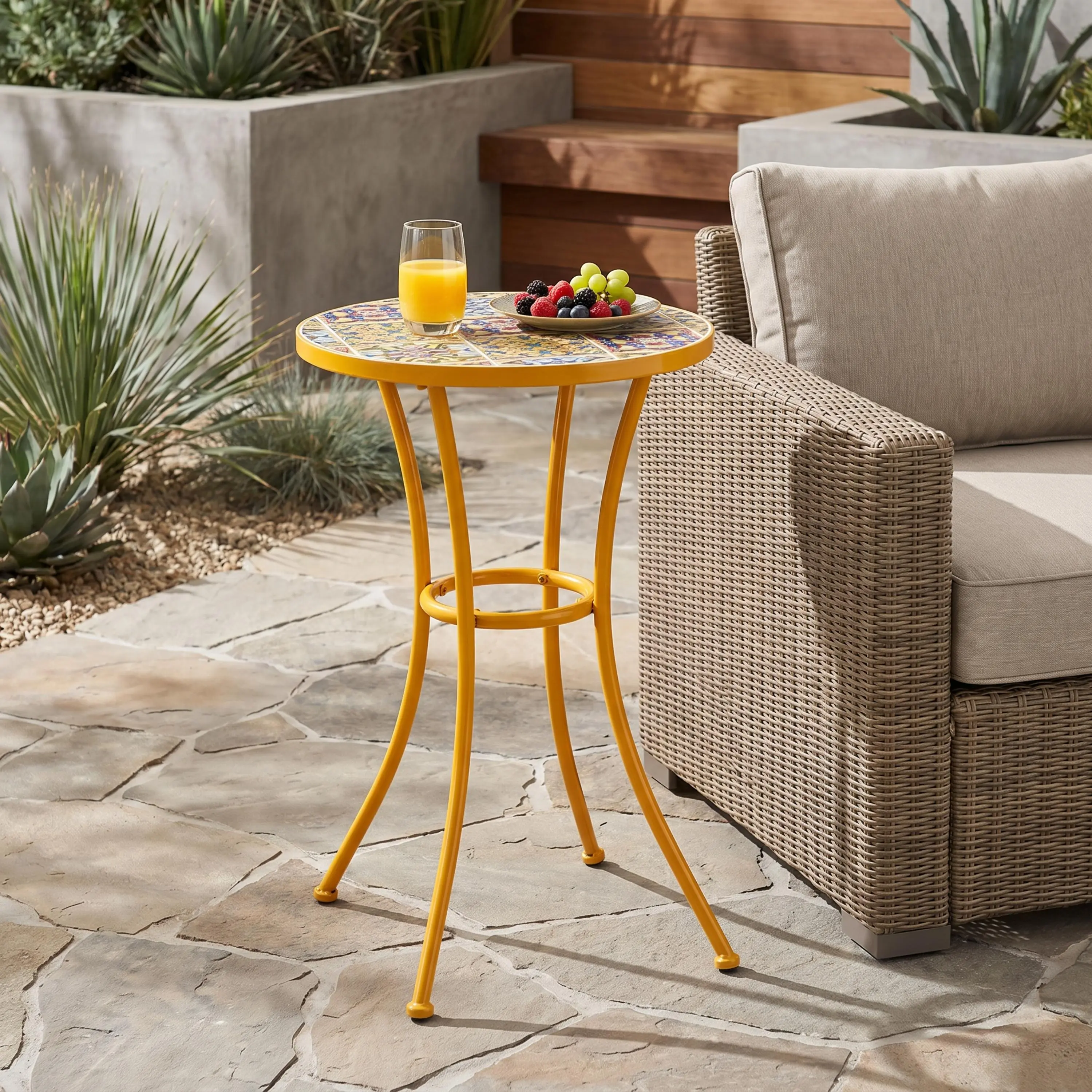Yellow Tile Mosaic Side Table – Outdoor/Indoor. Metal Legs with Yellow Orange Powder Coating. Anti-Rust & Water-Resistant. Compact – Space-Saving Design