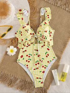 Women's One-Piece Swimsuit, Plaid Print Swimsuit, Plaid with Small Cherry Pattern Fabric, Hollow Out Design, Backless Swimwear