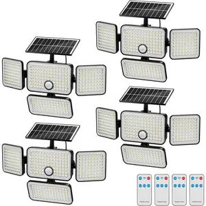 4 Pack 3000Lumen Solar Flood Lights Outdoor, 4 Heads 6500K Motion Sensor Light with Remote Control 3 Modes, IP65  270?  Flood Lights for Garage, Yard, Wall