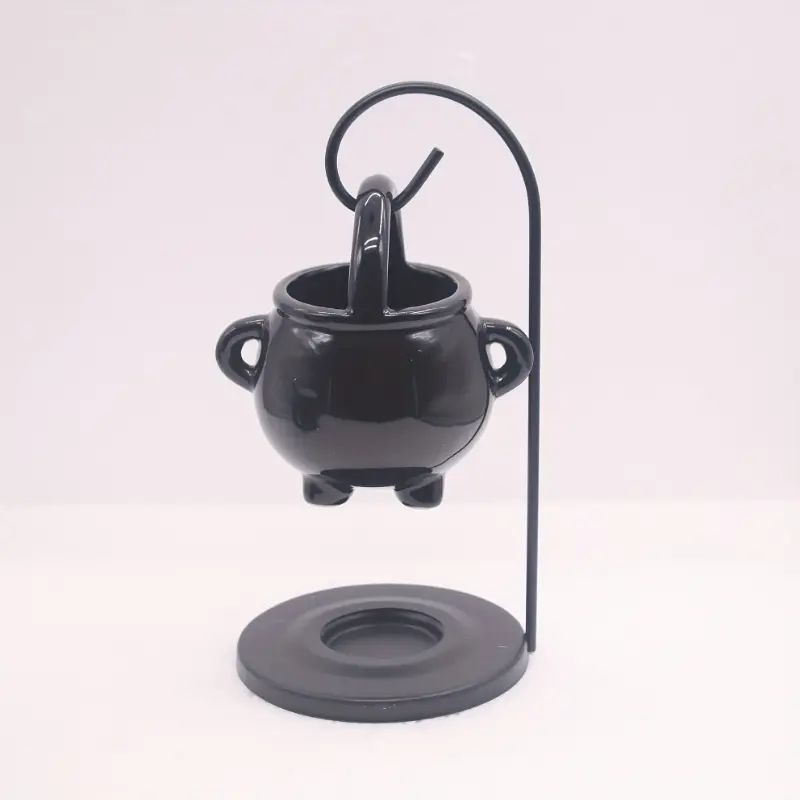 1pc Whimsical Black Ceramic Cauldron Oil Burner with Iron Holder - Glossy Finish Decorative Home Fragrance Aroma Diffuser, Wax Melt Warmer, Tealight Candle Holder for Home Decor, No Incense Required Spooky Ornament, Oilburner