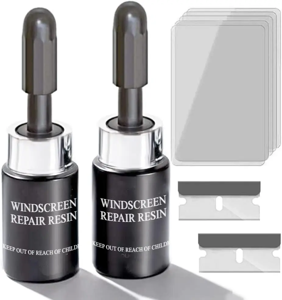 Windshield Repair Kit - 1 Kit with 2 Bottles Glass Crack Repair Liquid for Car Use, Fixes Bullseye, Star & All Crack Types, Cures When Exposed to Sunlight, Cracked Windshield Repair Kit, Glass Repair Fluid