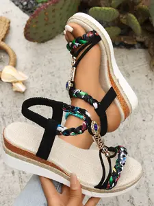 Boho Rhinestone Sandals for Women, Summer Thick Sole Flatform, Ethnic Pattern, Round Toe, Casual Beach Shoes, Non-Slip, PU Sole