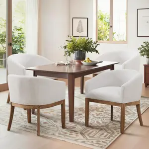 YICORPS  Mid Century Modern Barrel Dining Chair Set,Linen Upholstered Barrel Dining Chairs with Arms and Natural Hardwood Frame, Farmhouse Chairs for Dining Room, Kitchen, Office