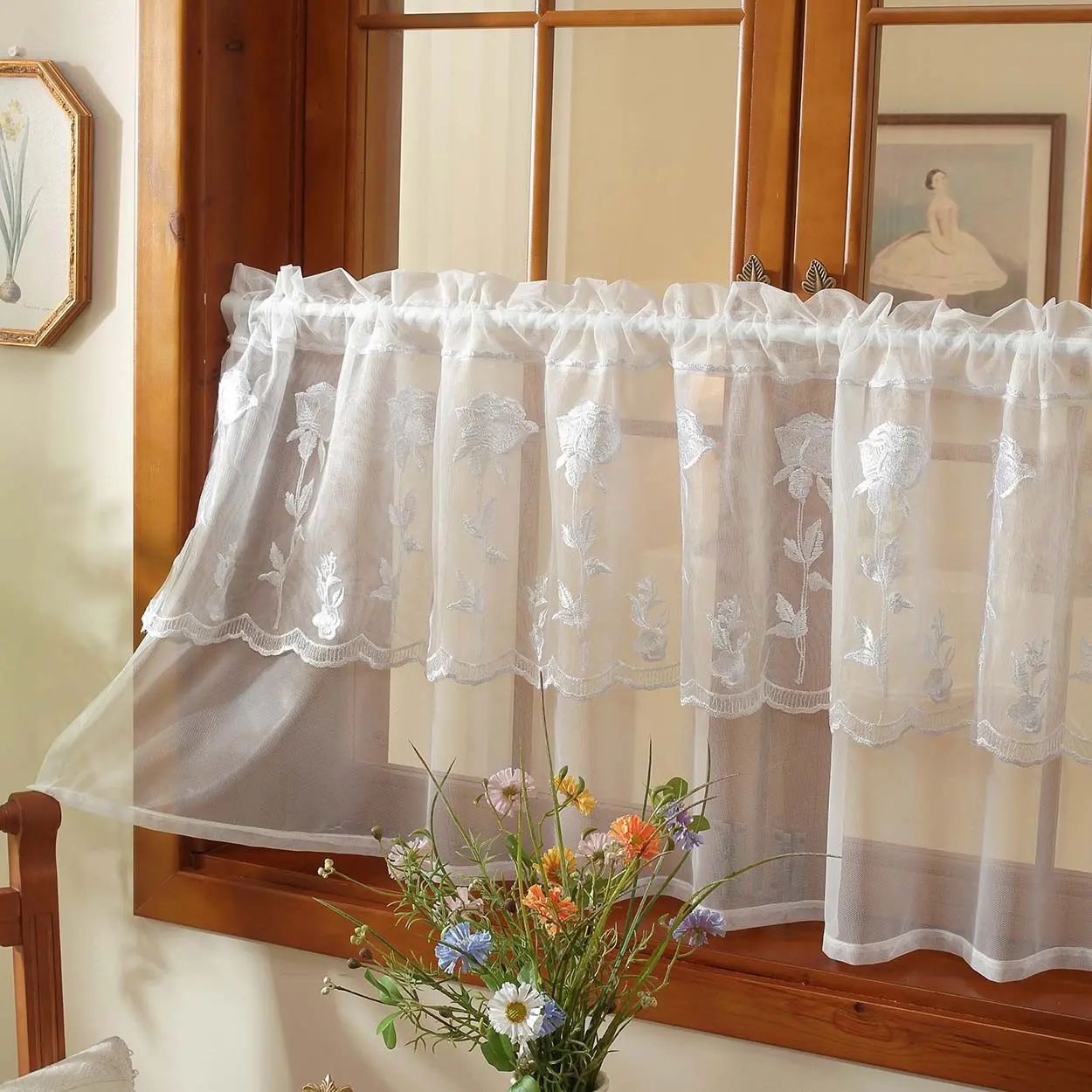 1panel Floral Embroidered Curtains, Rod Pocket Hanging, Window Curtain, Ideal for Living Room, Bedroom, Balcony, Kitchen, Garden, Home Decor