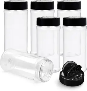 6PCS 16oz Plastic Spice Jars with Black Cap, Clear and Safe Plastic Bottle Containers with Shaker Lids for Storing Spice, Herbs and Seasoning Powders, BPA Free