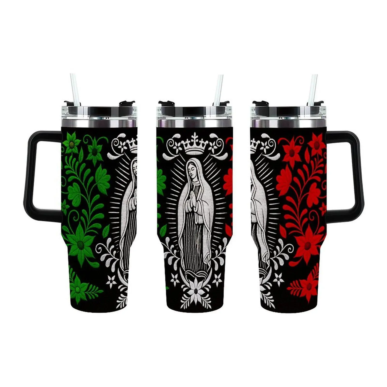 40oz Catholic Faith Guadalupe Floral Insulated Stainless Steel Travel Flask - Portable Drinkware with Handle, Lid, Straw, Ice Cube Compatibility - Religious Gift for Devout Believers
