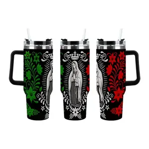 Catholic Faith Guadalupe Floral Tumbler 40oz Insulated Stainless Steel Travel Mug with Handle Religious Gift for Devout Believers Coffee Drinkware