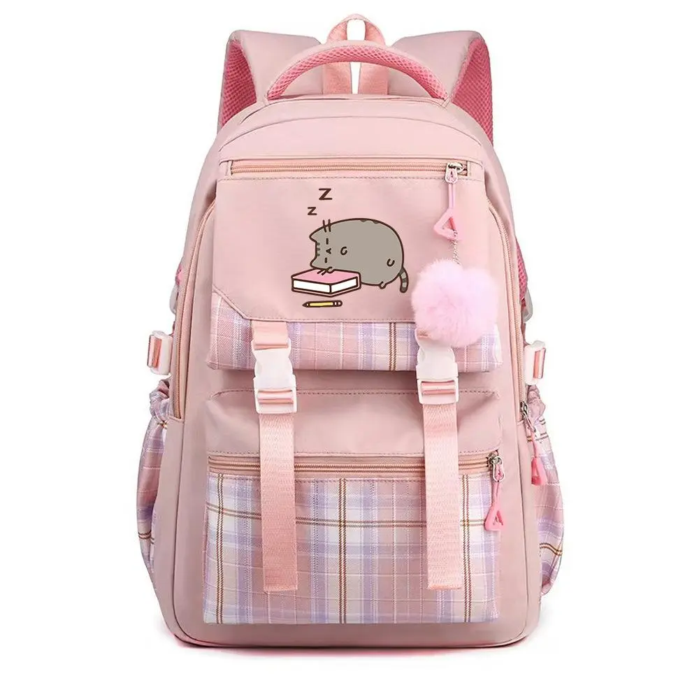 Pink Plaid Pusheen Sleeping Cat Backpack, Cute Napping Kitten School Bookbag with Pom Pom Charm, Waterproof Oxford Large Capacity Daypack for Girls