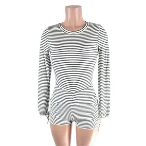 Stripe Ruche long sleeve round neck Romper Overalls Womenswear Rayon