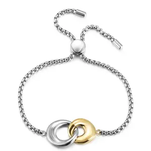 Two Tone Bracelets for Women,  Interlocking Circle LInk Charm Bracelet,  and  Bracelet for Adult, Adjustable Sliding Mixed Metal
